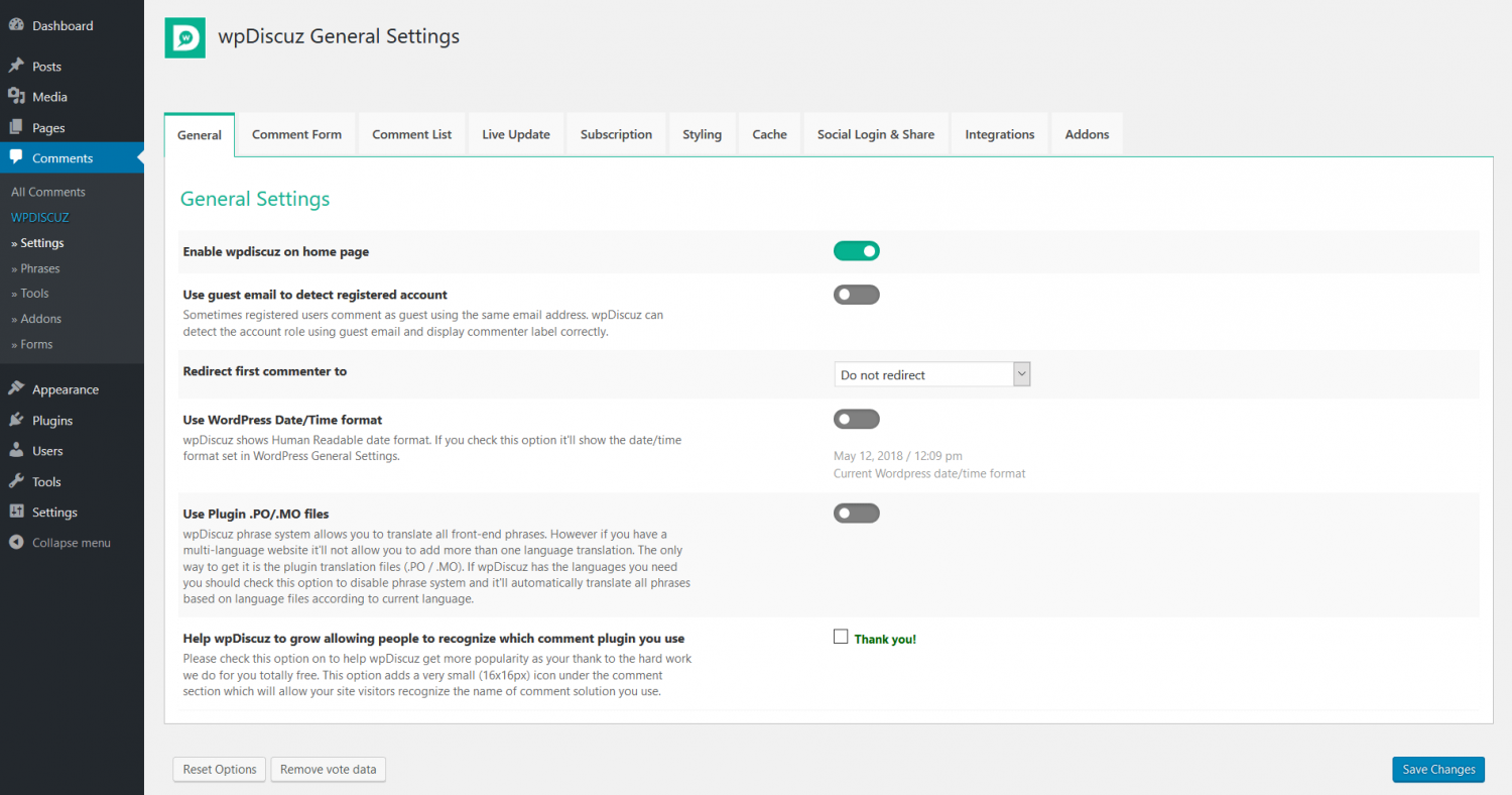 Setting plugin. One Page setting. Пример сайт с WPDISCUZ. Staff work Plugins.